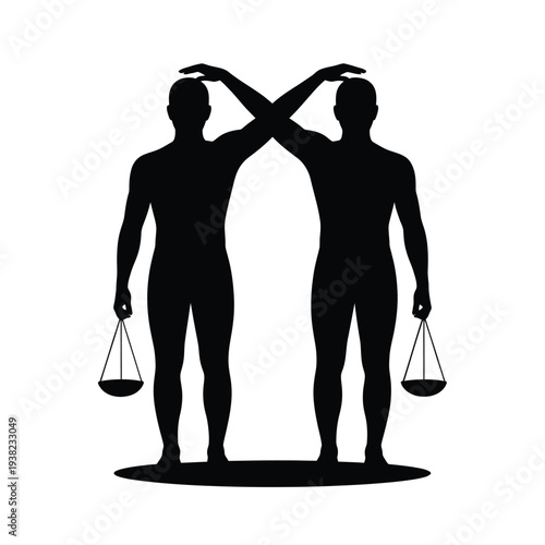 Silhouettes of two figures holding scales representing balance and justice