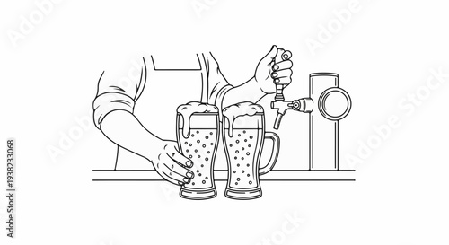 Bartender pours frothy beer into two glasses from tap