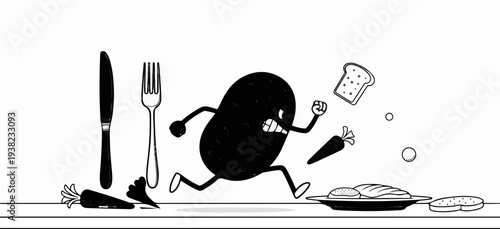 Anthropomorphic potato fleeing from a knife, fork, and food items