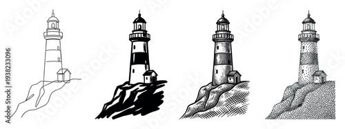 Lighthouse illustrations showcasing various artistic techniques like continuous line, solid fill, and stippling.