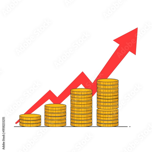 Rising arrow graph over stacked coins, symbolizing financial growth and investment success