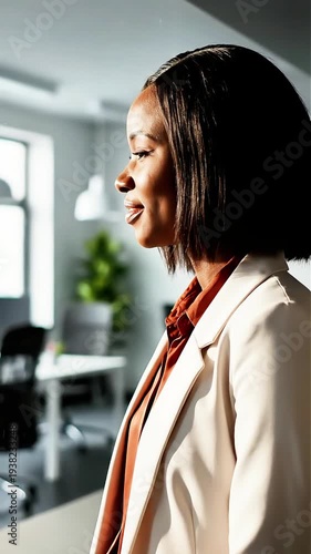 Confident young Black businesswoman smiles warmly while looking out of a modern office window conveying ambition success and a bright future in corporate leadership