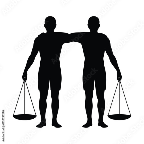 Silhouettes of two men holding scales representing balance and justice