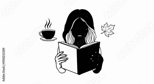 Woman with book, coffee, and autumn leaf, enjoying a quiet moment