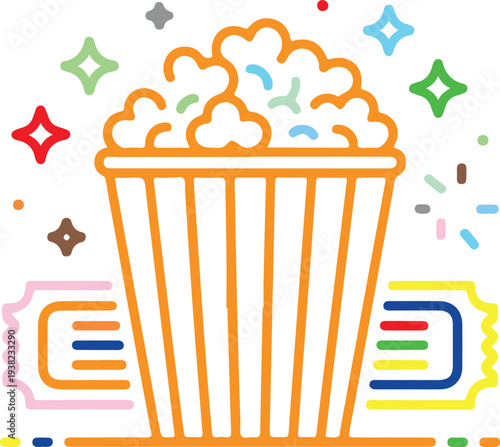 Colorful illustration of a popcorn bucket with movie tickets and confetti
