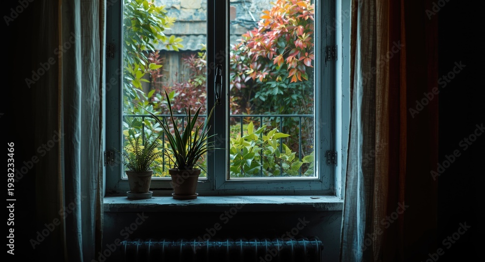 Fototapeta premium Apartment interior scene highlighting a vibrant window garden with foliage