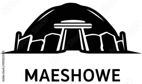 A black and white silhouette depicts a tomb or monument with a prominent stone structure