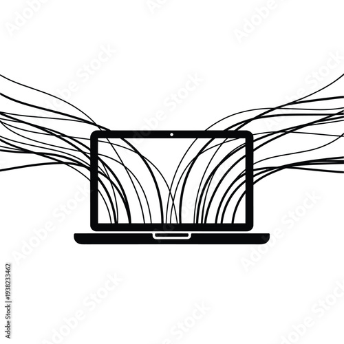 A laptop displaying abstract lines emanating outward a digital explosion