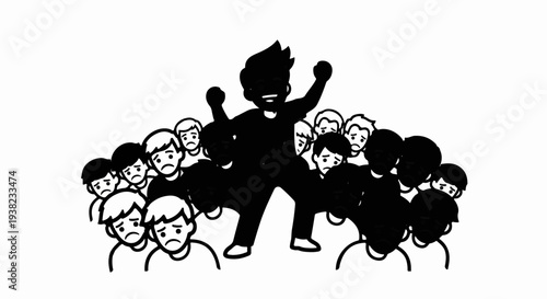 Joyful figure dominates a sad, monochrome crowd, contrast