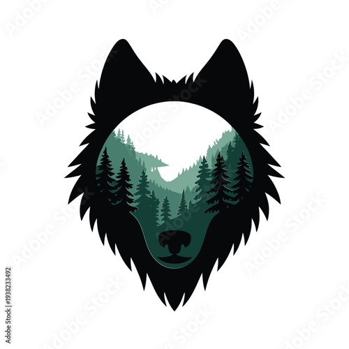 A striking wolf head silhouette encompassing a serene forest landscape