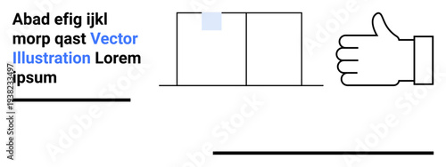 Business approval, evaluation, infographic design, communication, teamwork, feedback. Hand giving a thumbs-up beside geometric boxes and text. Business approval and evaluation concepts