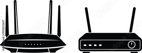 Wireless wifi router black silhouette set with dual and quad antenna internet networking hardware icon collection
