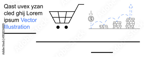 E-commerce, financial growth, online shopping, investment, digital sales, economy. Shopping cart next to ascending stack of coins with dollar symbol. E-commerce and financial growth