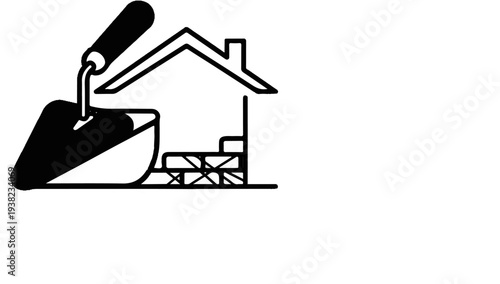 Construction trowel applying mortar to house foundation bricks, black outline