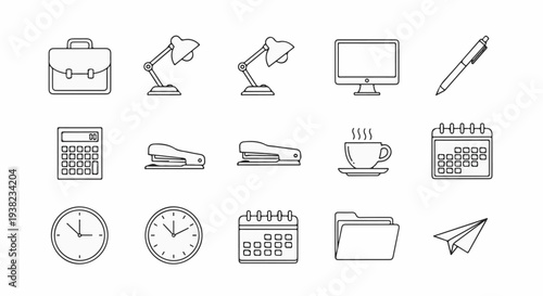 Collection of office and desk supplies icons, including a briefcase, desk lamps, computer monitor, pen, calculator, staplers, coffee cup, calendar, clocks, folder, and paper airplane