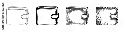 Wallets in four distinct hand-drawn styles are depicted with various artistic techniques and shading methods.
