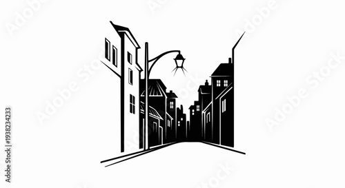 A minimalist black and white scene of a street with buildings and a lamppost
