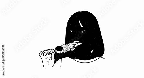 A person with dark hair eating a skewer of food