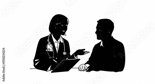 Doctor consults patient, holding clipboard, gesturing with hand