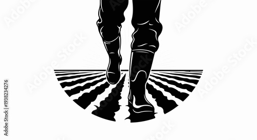 Farmer's boots walking through tilled fields under sunlight