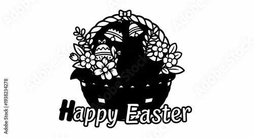 Festive Easter basket filled with decorated eggs, flowers, and bells