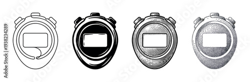 Stopwatches in four distinct artistic styles, including outline, solid, engraved, and stippled illustrations for various design needs.