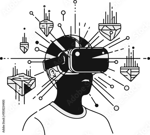 Futuristic virtual reality experience with a person using a headset
