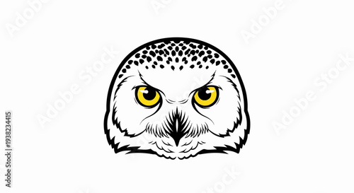 Fierce snowy owl face with yellow eyes, detailed feathers, and black markings