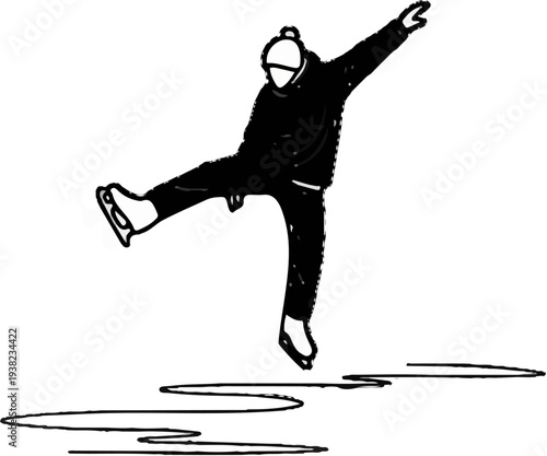 Figure skater in motion, balanced on one leg, arm extended