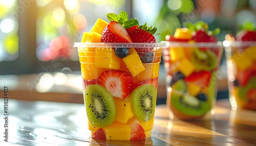 Bright, colorful fruit salad in plastic cups, including kiwi, mango, strawberry, blueberries, and mint, blurred background