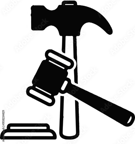 Hammer and gavel symbolize justice and construction, representing legal and building processes