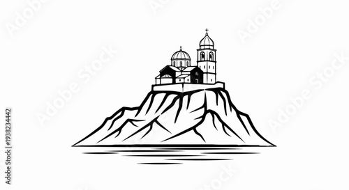 Monastery perched atop a rugged mountain overlooking calm waters