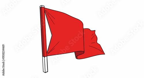 Bright red flag flutters vigorously on a white pole against a white background