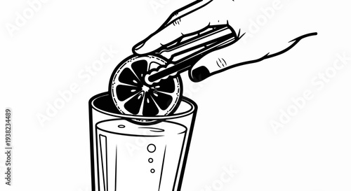 Hand squeezes citrus slice into a glass of beverage