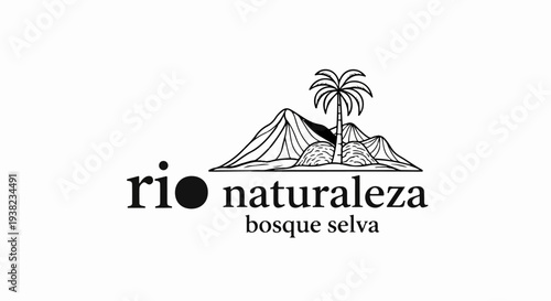 A stylized landscape logo with mountains, a palm tree, and text