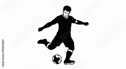 A stylized illustration of a soccer player in mid-kick