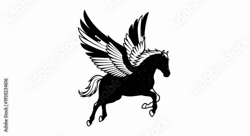 Mythical winged horse in mid-air, black silhouette with white wings