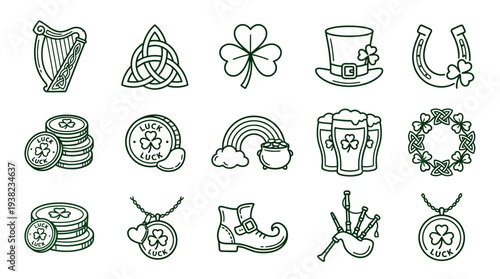 Collection of traditional Irish icons for Saint Patrick's Day illustrated in a simple line art style from a straightforward viewpoint