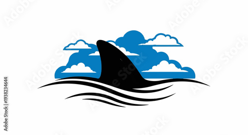 Shark fin emerges from ocean waves against a cloudy blue sky