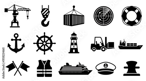 Collection of black and white silhouette icons related to maritime and shipping industry, concept for logistics presentation, port operations guide and marine safety manual