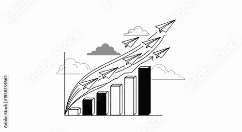 Bar graph showing upward trend with paper airplanes soaring through clouds