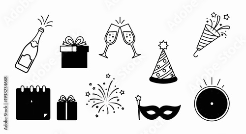 Collection of celebratory icons including a popping bottle, gifts, clinking glasses, party hat, noisemaker, calendar, fireworks, mask, and clock