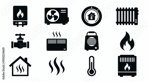 Set of black solid icons representing heating and cooling systems like boiler, AC unit, radiator and thermostat, concept for HVAC design, energy service manual and climate control infographic