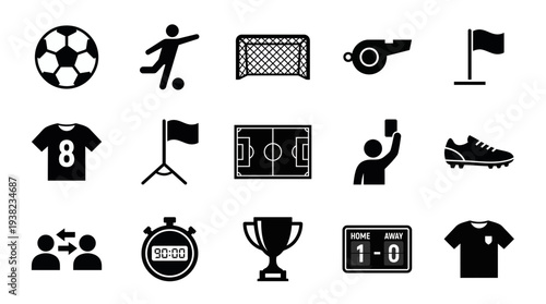 Collection of black and white soccer sport icons including ball, goal, referee card and jersey, concept for sports apps design, game interface development and match broadcast graphics