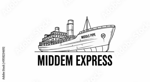 Black and white line drawing of a cargo ship with multiple decks and smokestacks