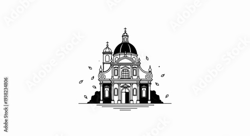 Ornate dome structure with crosses, leaves falling, set on abstract ground