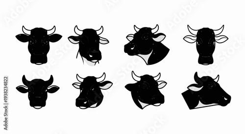 Collection of black and white illustrated cow heads in various poses