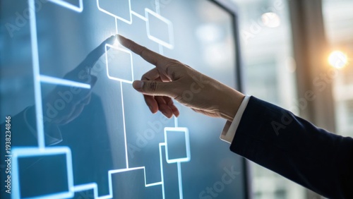 A person’s hand interacting with a digital touchscreen displaying a flowchart or organizational diagram in a modern office environment.