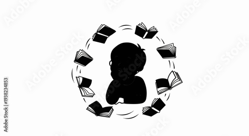 Silhouette of a person in thought surrounded by spinning open books