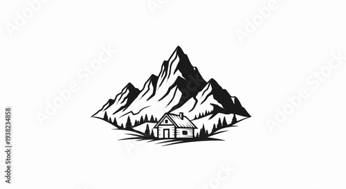 Rustic cabin nestled amidst rugged mountains and evergreen trees